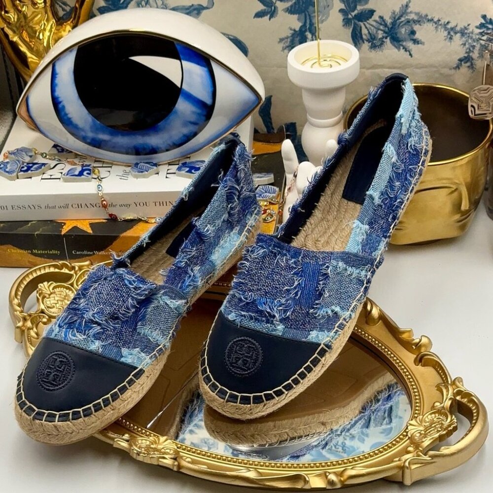 🆕 TORY BURCH 🧿 NWOB Colourblock Frayed Denim Espadrilles, Sz US 10 - Picture 15 of 16